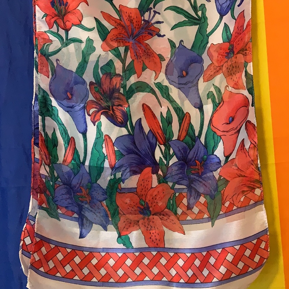 Lilies Floral Scarf White/Red/Blue/Green AS IS